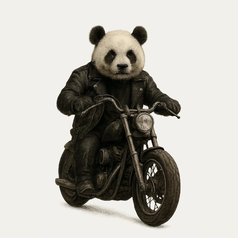 Leather Panda Biker on Motorcycle