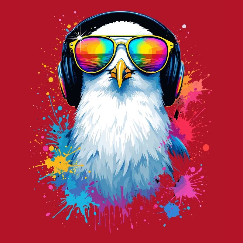Bunte Möwe Vogel mit Kopfhörer Sonnenbrille