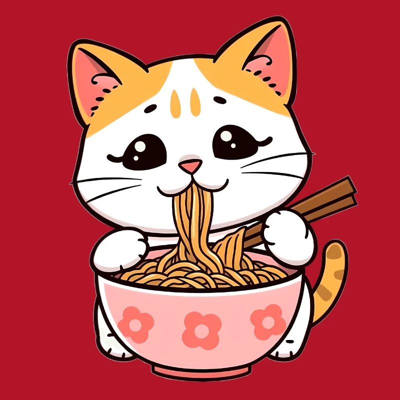 Cat Eats Ramen Noodles