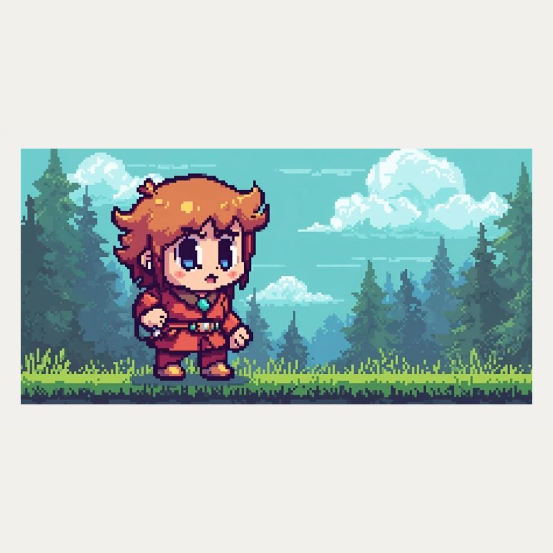 Héros pixel dans la scène du jeu d’aventure en forêt