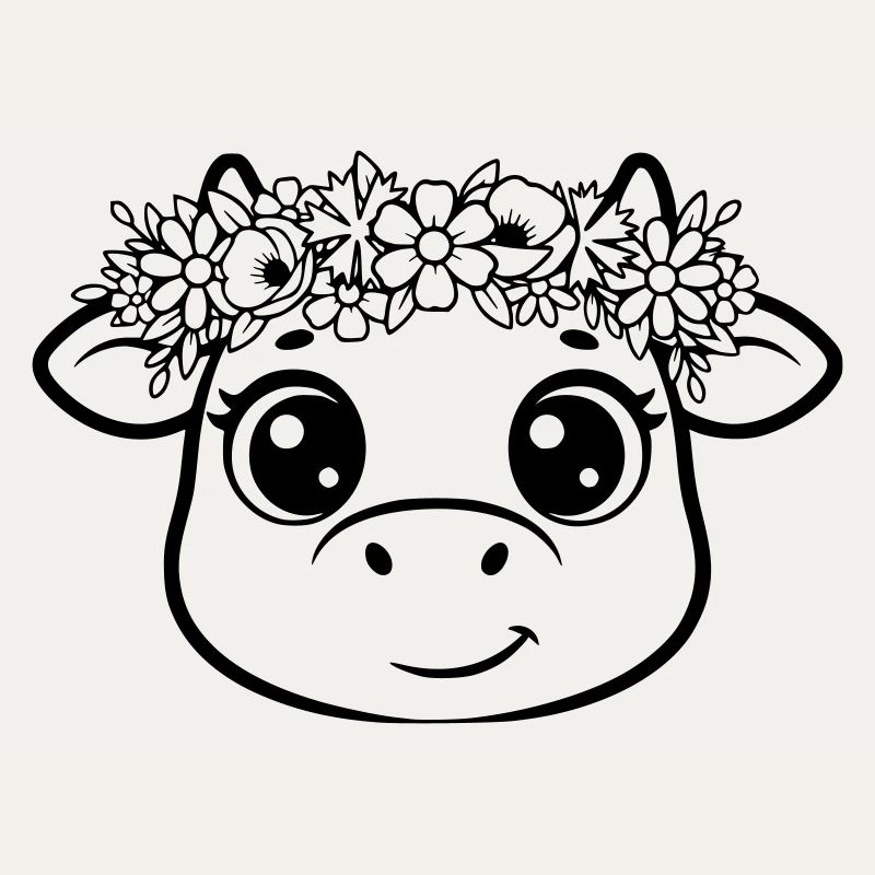 Süße Kuh Blumenkranz Boho Outline