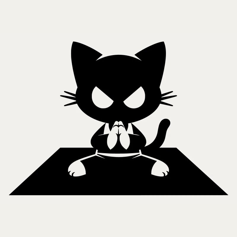 Schwarze Katze im Zen-Sitz mit wütendem Blick