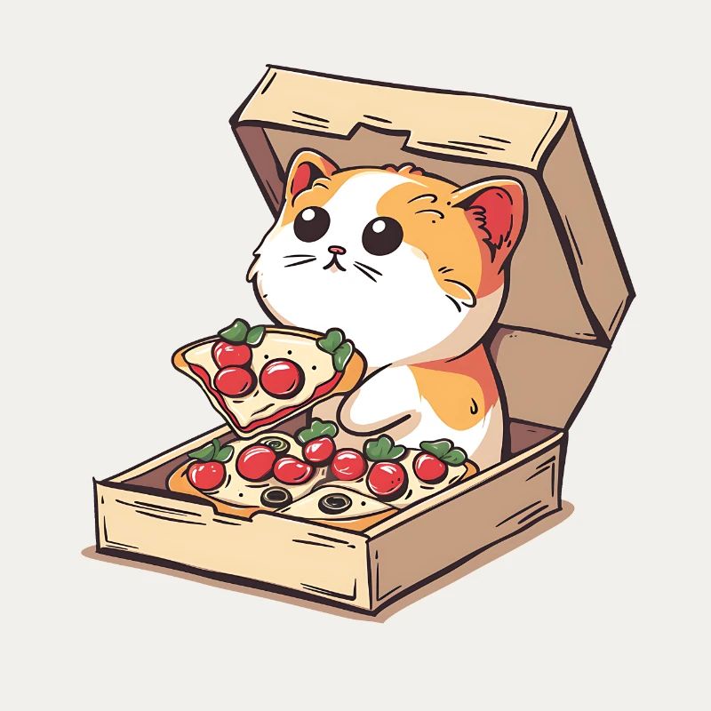 Cat Inside a Pizza Box Holding a Pizza Slice