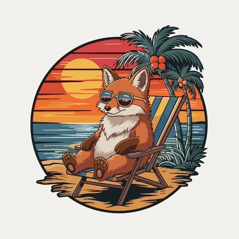 Funny Fox on Beach Summer Vacation Sunset