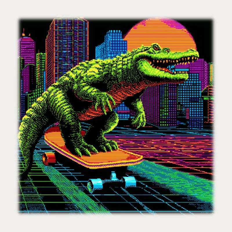 Pixel Art Krokodil – Retro Skater Synthwave