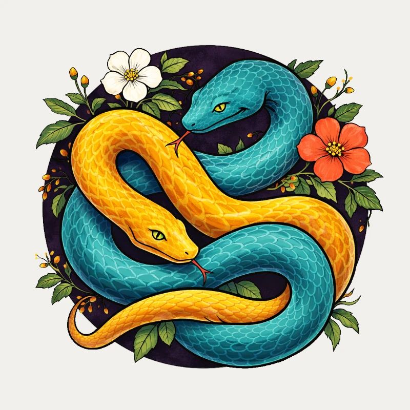 Deux serpents python dans l’anneau fleuri
