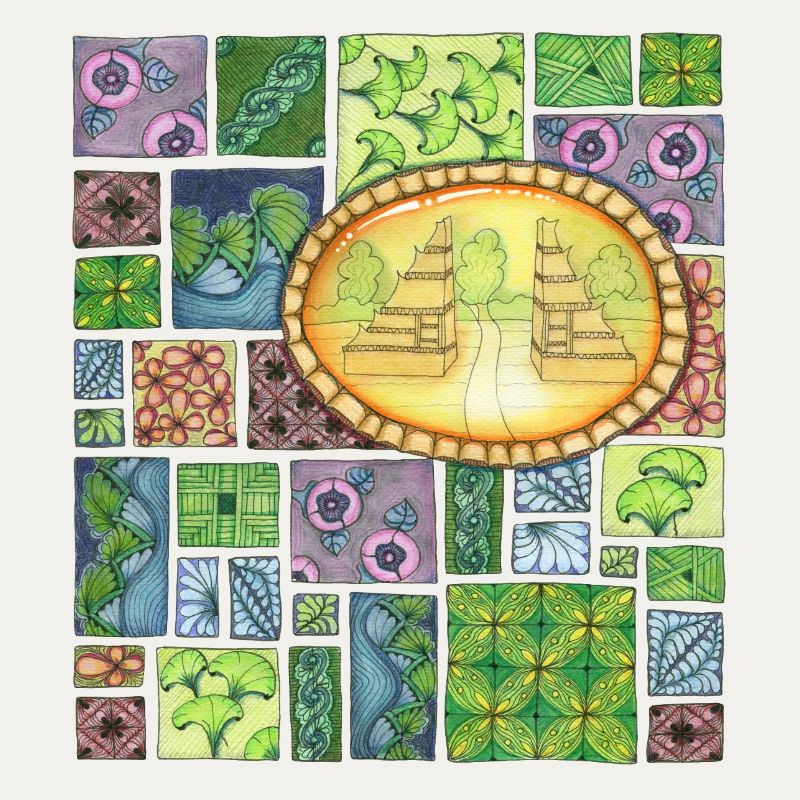 Bali temple on pattern patchwork