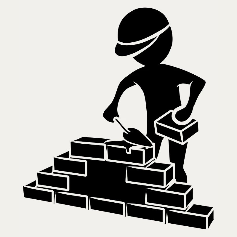 Construction workers with mason trowel, mortar and wall