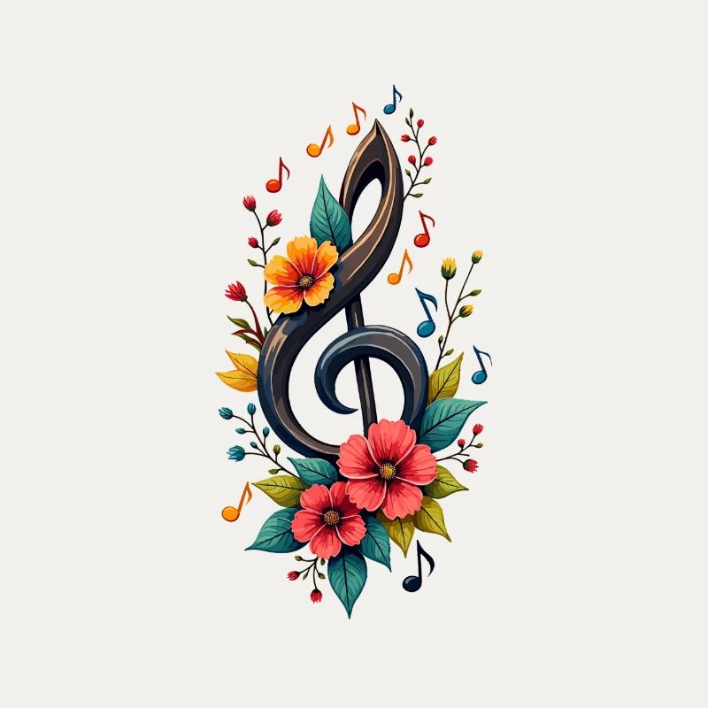 Clé de sol avec des notes colorées et des fleurs