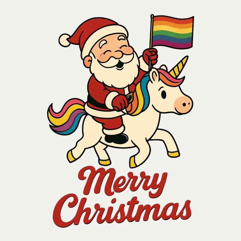 Weihnachtsmann auf Einhorn mit Regenbogenfahne