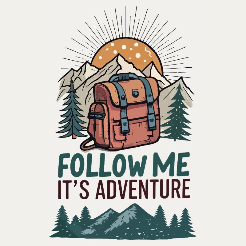 Backpack and mountains with adventure slogan