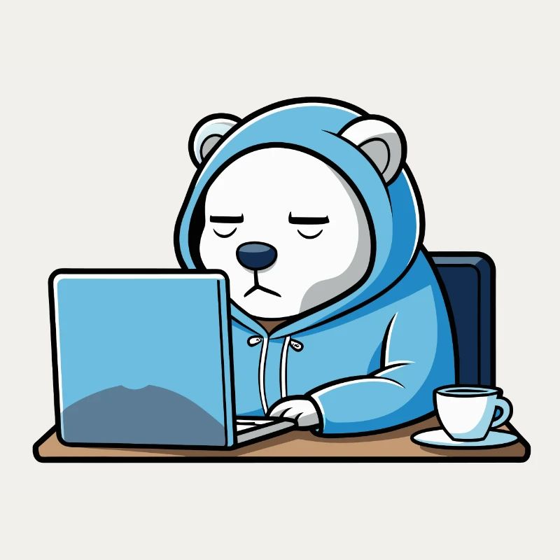 Un ours polaire hacker mignon dort dans un sweat à capuche devant le PC