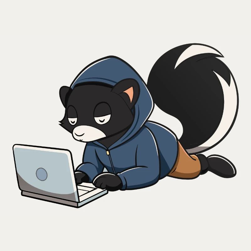 Mignonne mouffette hacker en sweat à capuche devant le PC