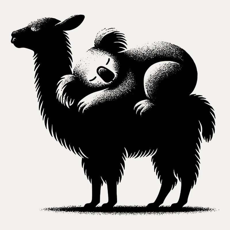 Cuddly llama with chilling koala on his back