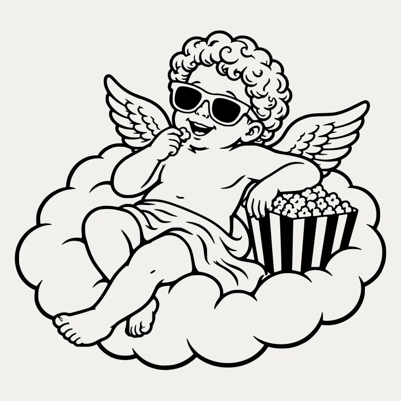Un chérubin frissonne avec du pop-corn sur un nuage