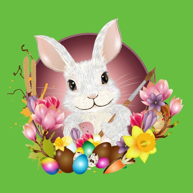 white rabbit with easter eggs as easter bunny