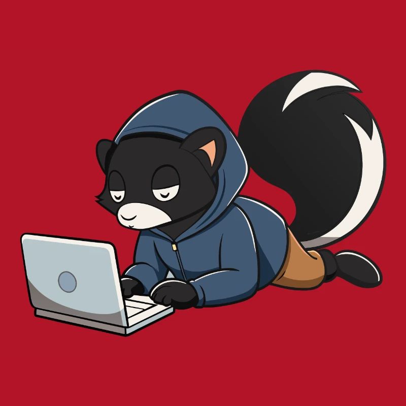 Mignonne mouffette hacker en sweat à capuche devant le PC