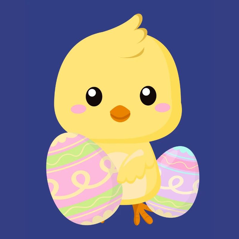 Cute little Easter chick with Easter eggs