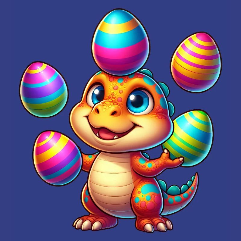 Easter Dino T-Rex juggles colorful Easter eggs