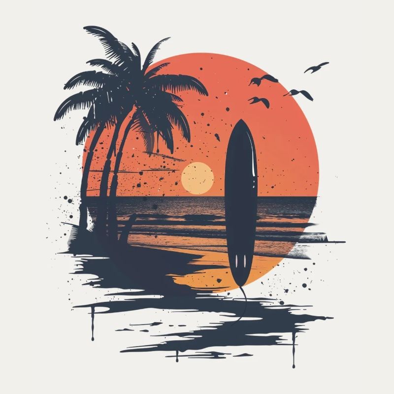 Surfboard sunset and palm trees