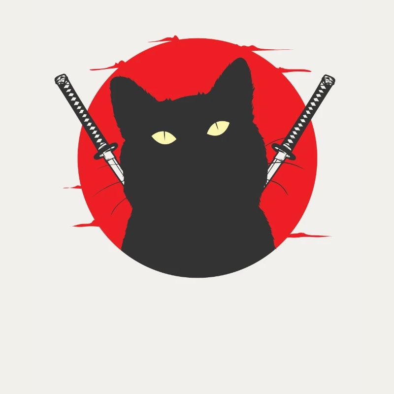 Black Samurai Cat with Swords Pair