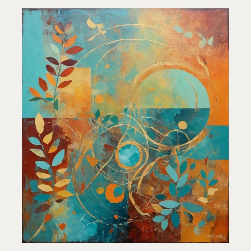 Composition abstraite avec des feuilles et des cercles