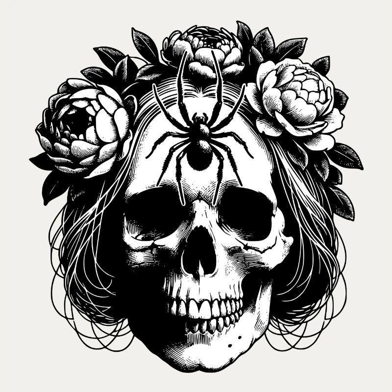 Crâne avec vrilles de fleurs et grande araignée