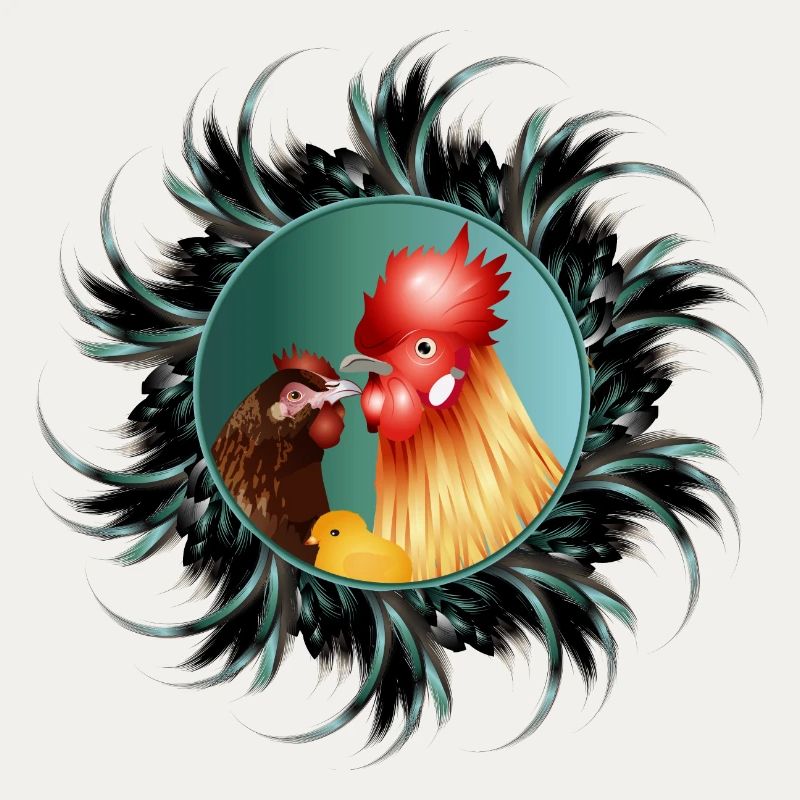 Rooster with hen and chicks in feather frame