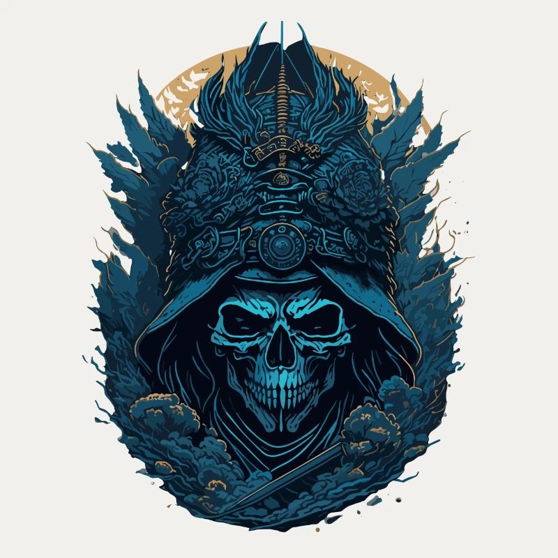 crane squelette samouraï bleu - blue samurai skull