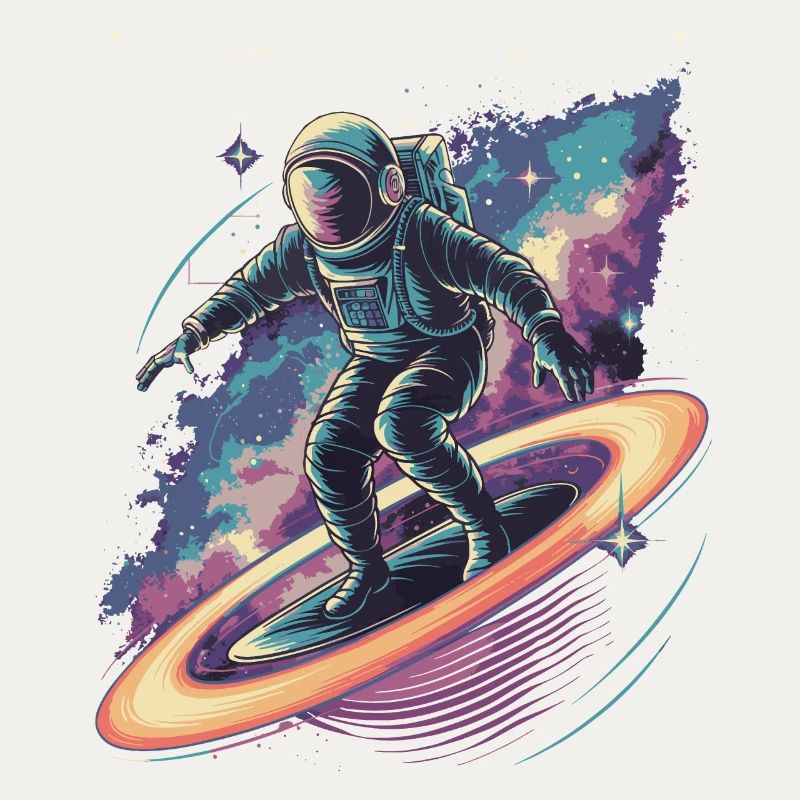 Astronaut surft in den kosmischen Ringen