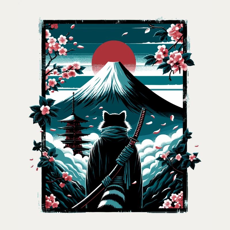 Chat avec une épée de samouraï devant Fuji