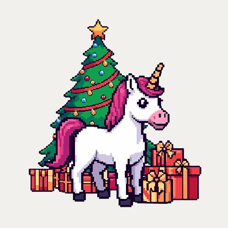 Pixel Einhorn & Weihnachtsbaum Retro Kunst