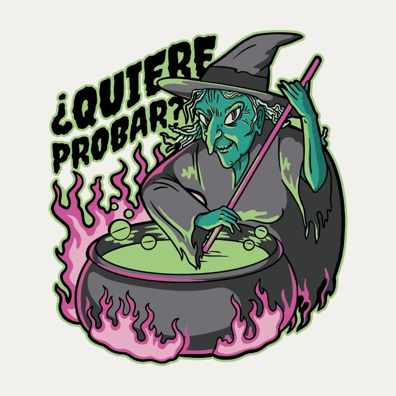 Neon witch in cauldron