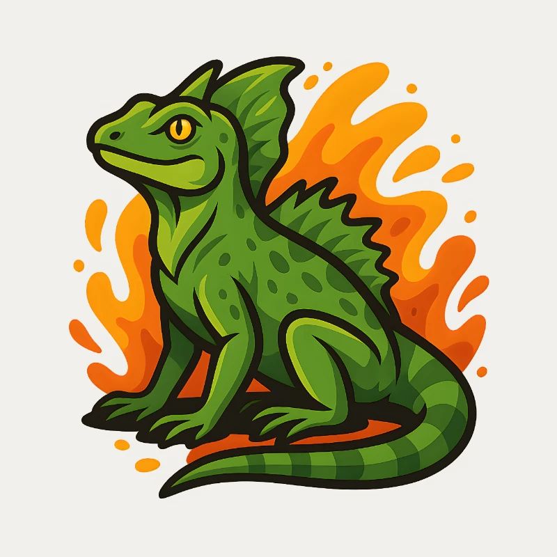 Grüne Basilisken-Eidechse mit flammendem Hintergrund