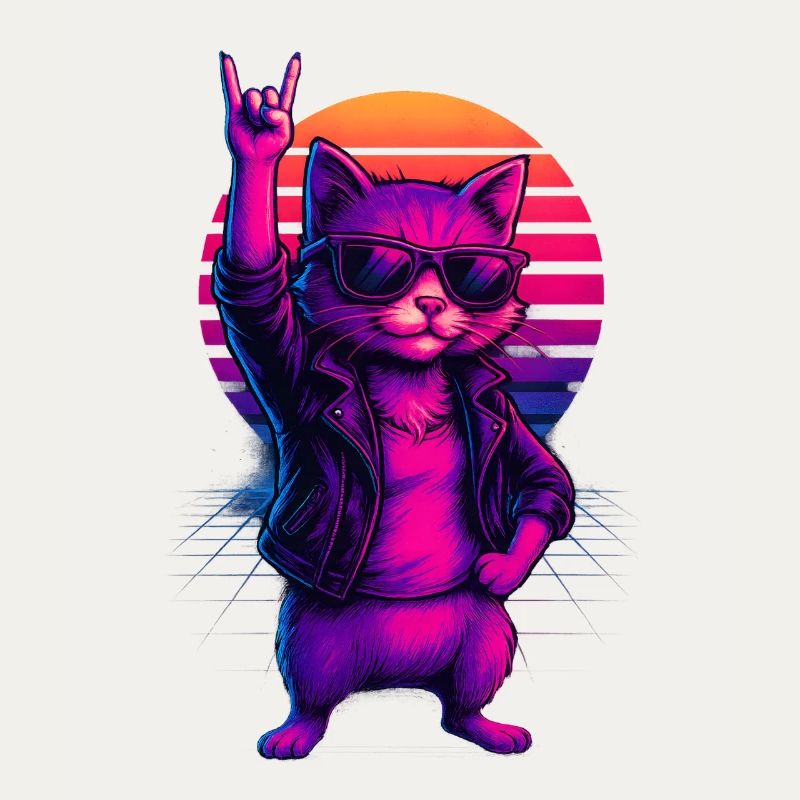 Synthwave Cat Cat Retro Sunset