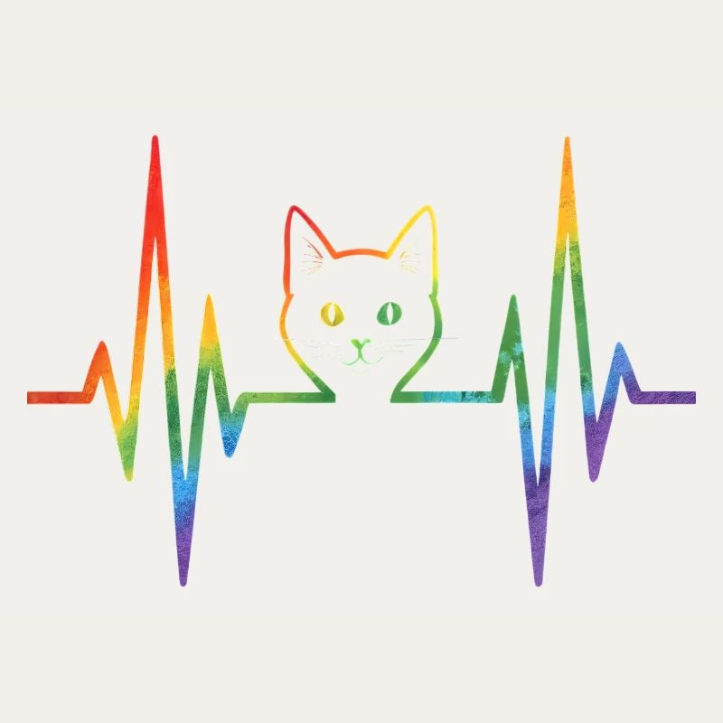 Rainbow cat with pulse heart line
