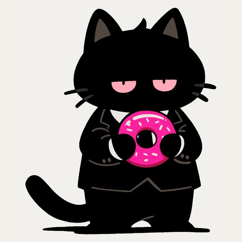 Schwarze Katze mit rosa Donut