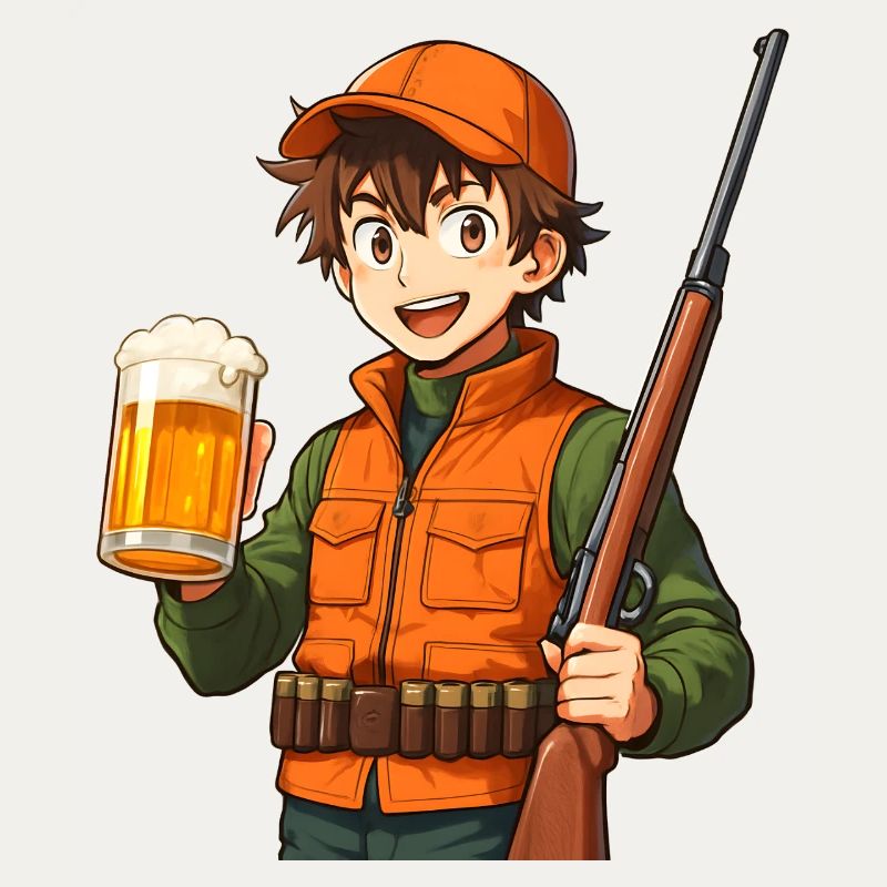 Jägerheld mit Bier und Flinte