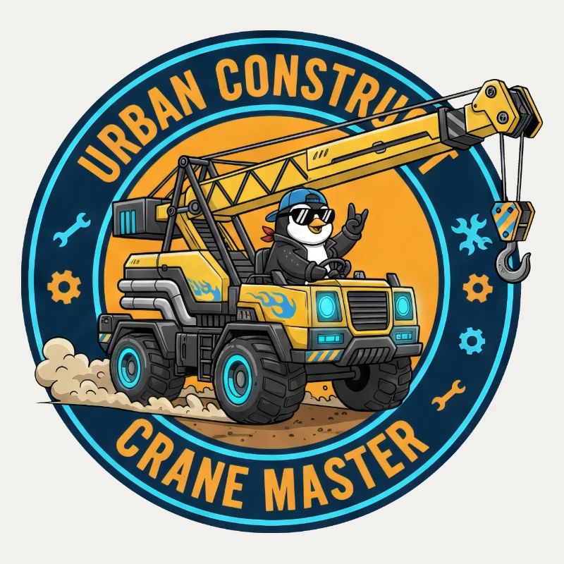 Cool Penguin Crane Operator Construction Worker Cartoon