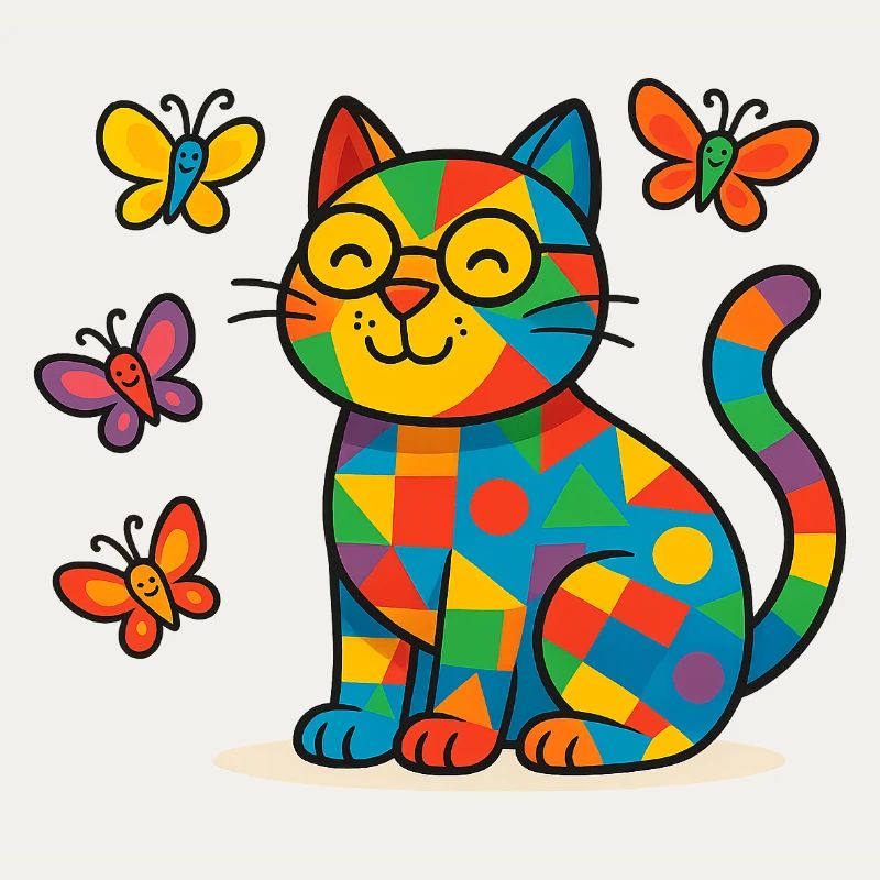 Patchwork-Katze und Schmetterlinge