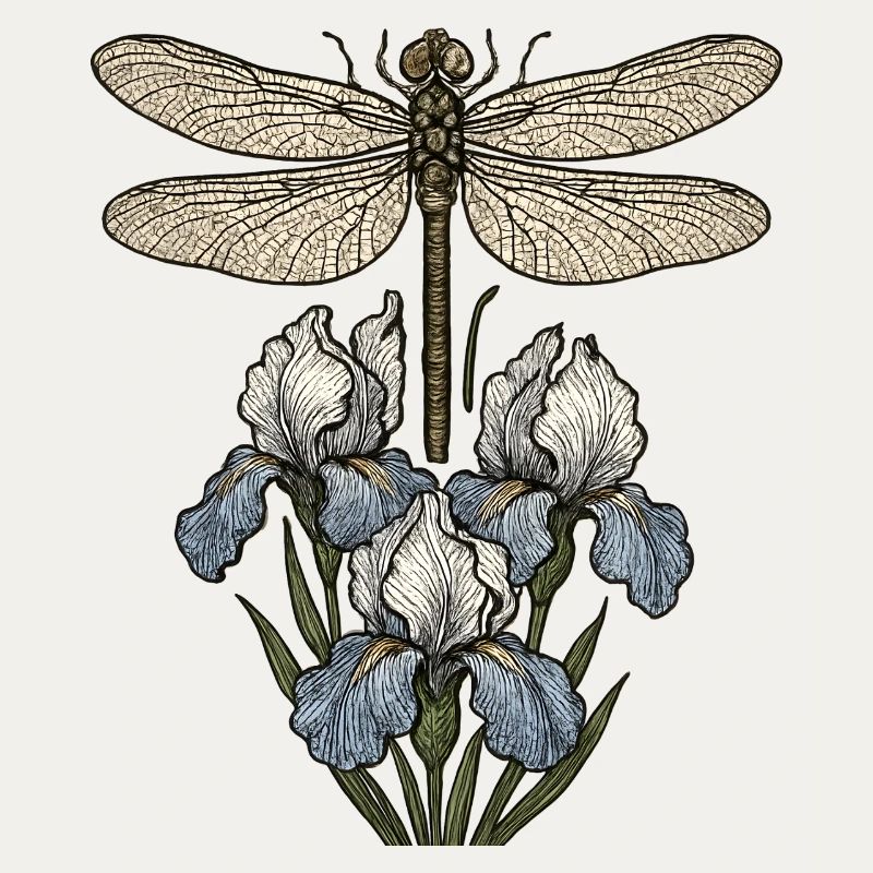 Libellule sur fleurs d’iris