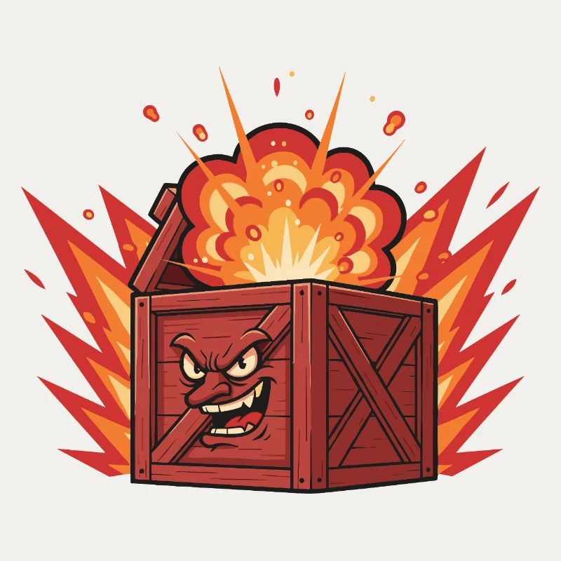 Exploding wooden box with a grim face