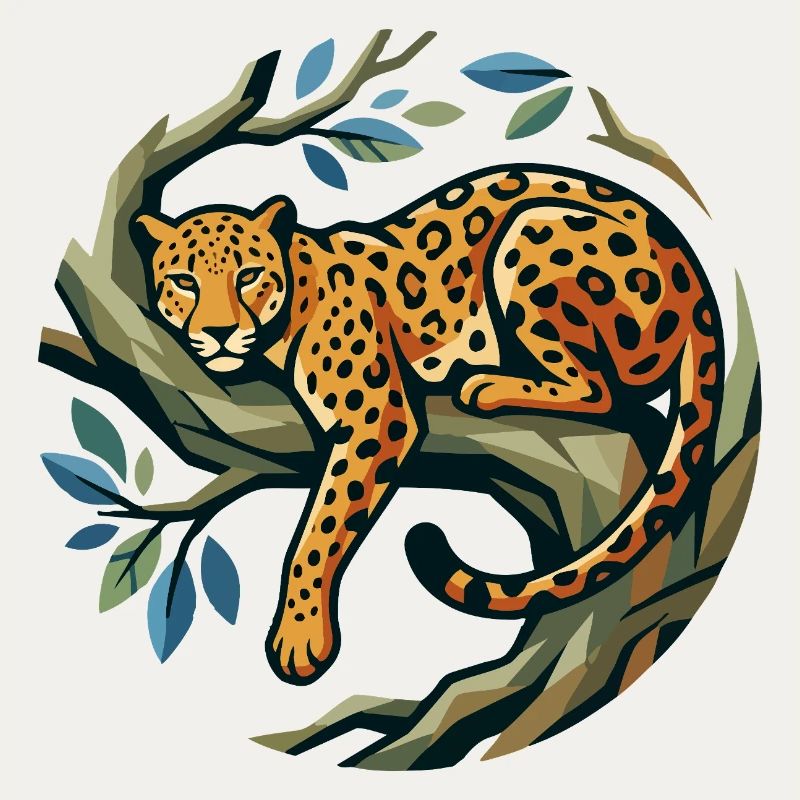 Léopard dans une couronne d’arbres posée sur une branche à motif léopard
