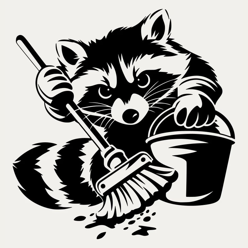 Waschbär mit Eimer & Mopp