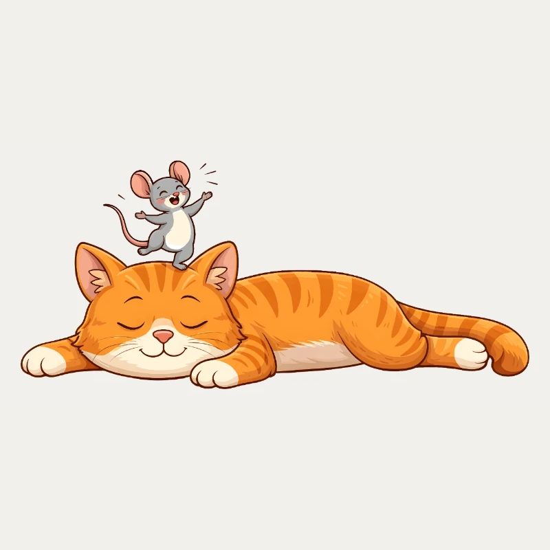 Sleeping cat with cheerful mouse