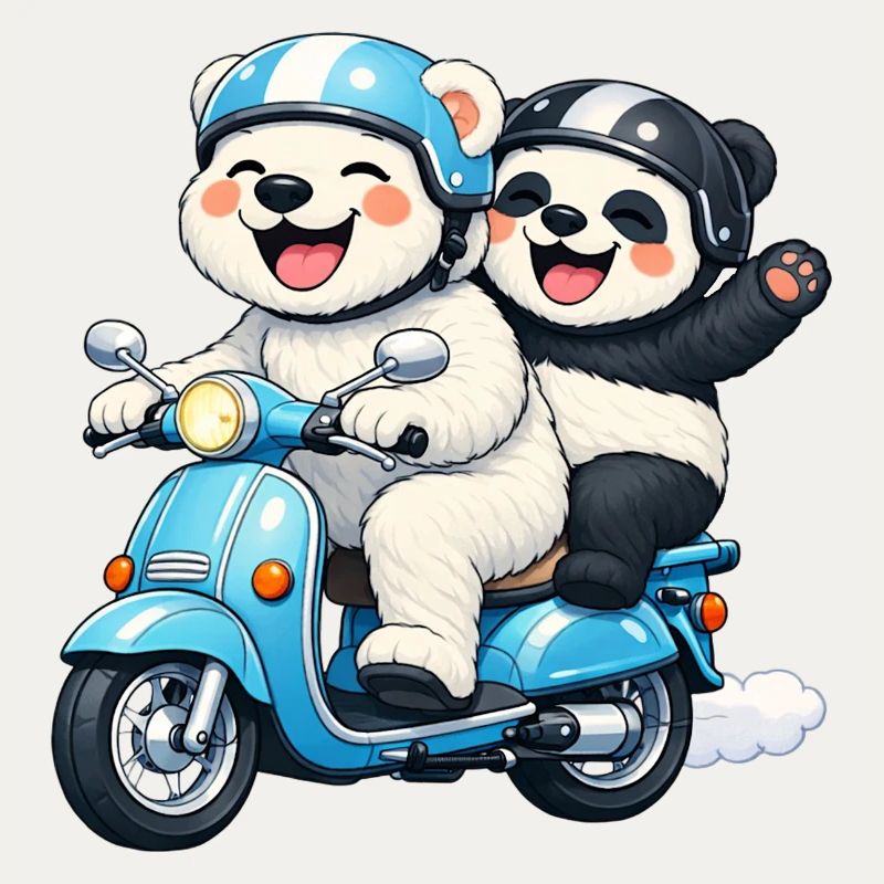 Polar Bear and Panda Bear on a Scooter