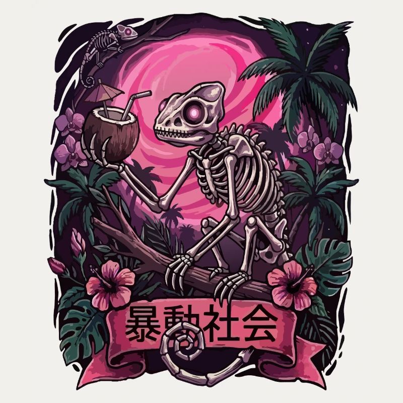 Skeleton in Neon Jungle With Chameleon