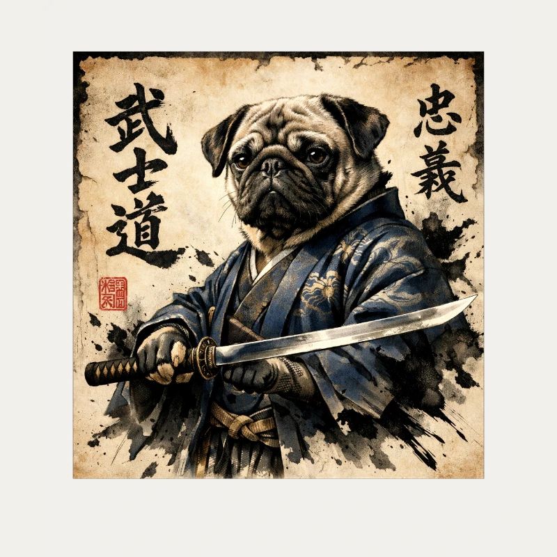 Samurai Pug Japanese Calligraphy Artwork