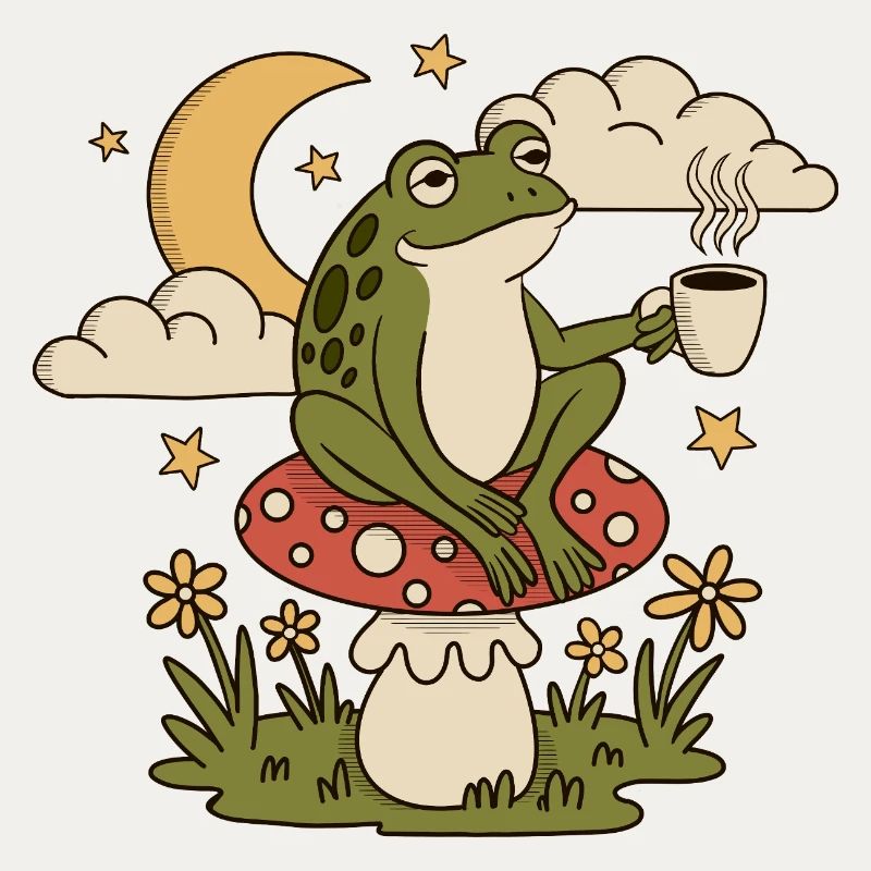 A frog with a cup sits on a toadstool