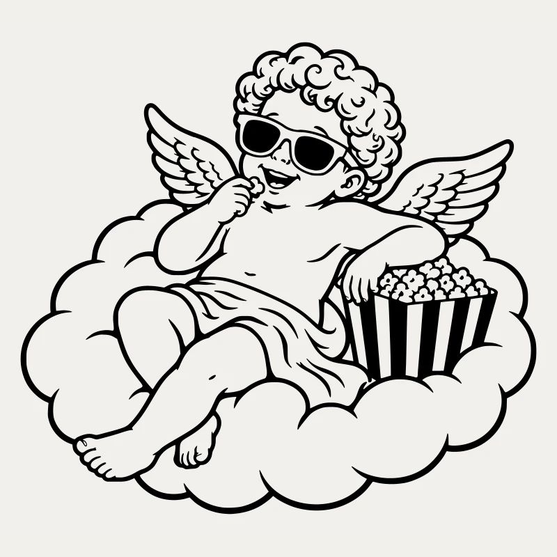 Un chérubin frissonne avec du pop-corn sur un nuage